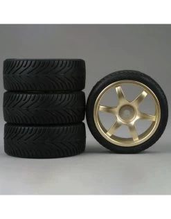 Duratrax Front/Rear Premounted 1/10 6-Spoke Gold 12mm Wheels, Radial (4)